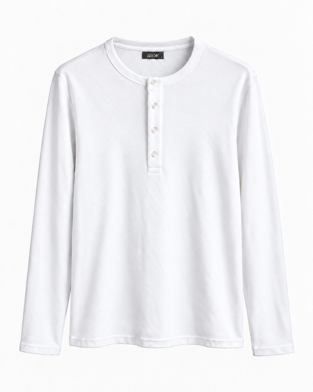 ÜRON Signature Henley in Weiß – langärmliges Herren-Henley mit Vier-Knopf-Leiste, Vorderansicht.