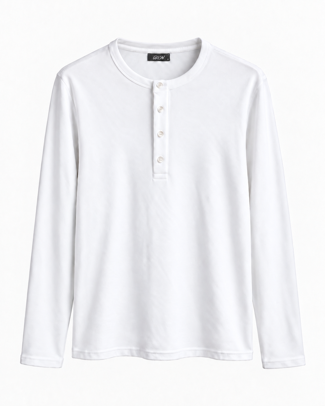 ÜRON Signature Henley in Weiß – langärmliges Herren-Henley mit Vier-Knopf-Leiste, Vorderansicht.