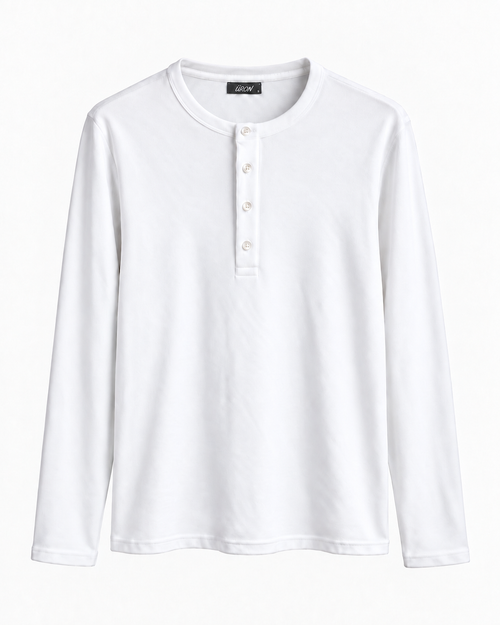 ÜRON Signature Henley in Weiß – langärmliges Herren-Henley mit Vier-Knopf-Leiste, Vorderansicht.