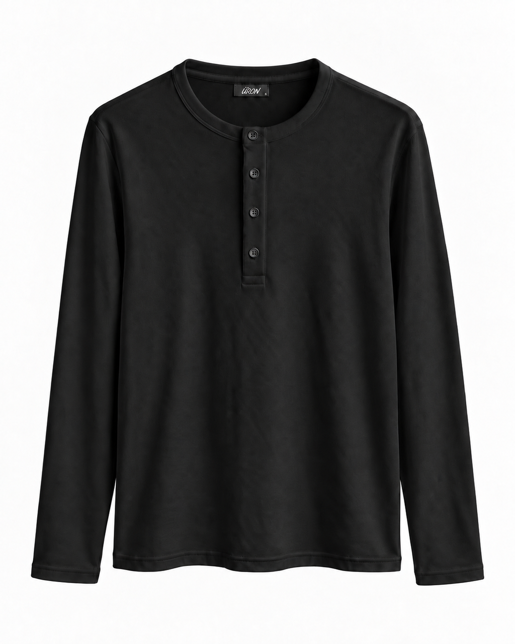 ÜRON Signature Henley in Schwarz – langärmliges Herren-Henley mit Vier-Knopf-Leiste, Vorderansicht.