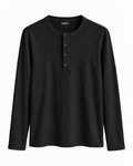 ÜRON Signature Henley in Schwarz – langärmliges Herren-Henley mit Vier-Knopf-Leiste, Vorderansicht.