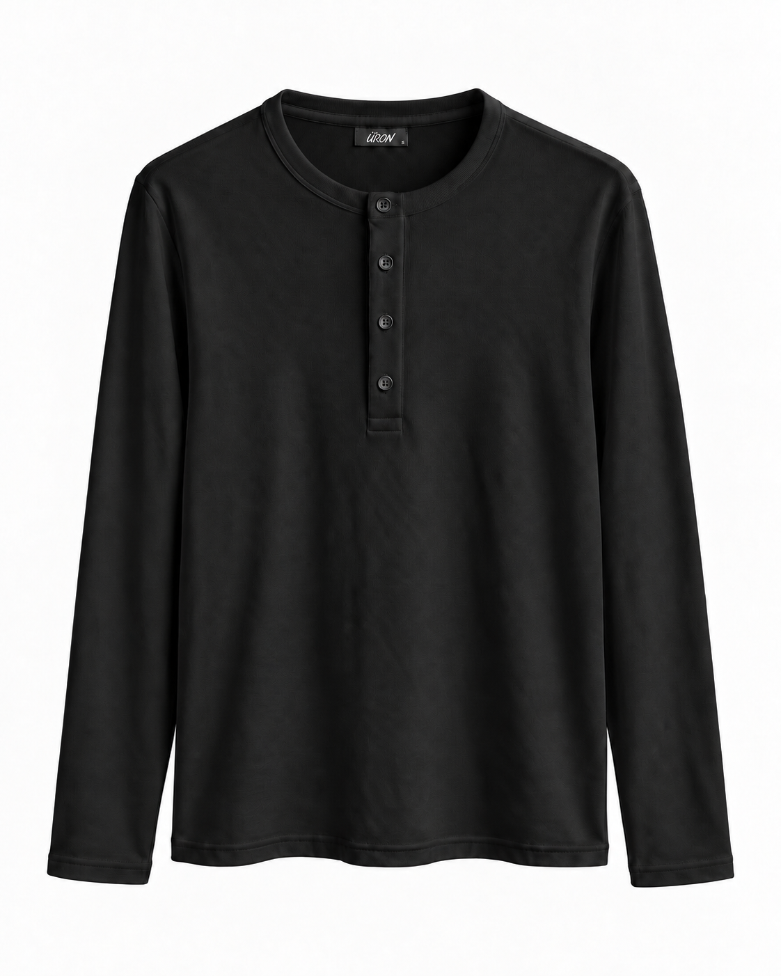 ÜRON Signature Henley in Schwarz – langärmliges Herren-Henley mit Vier-Knopf-Leiste, Vorderansicht.