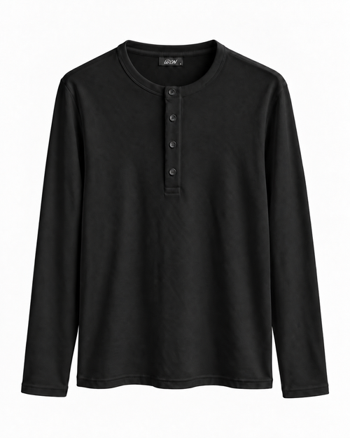 ÜRON Signature Henley in Schwarz – langärmliges Herren-Henley mit Vier-Knopf-Leiste, Vorderansicht.