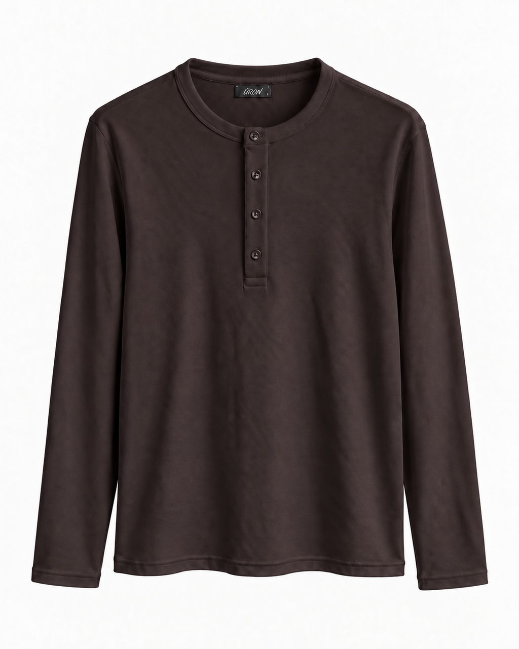 ÜRON Signature Henley in tiefem Espressobraun – langärmliges Herren-Henley mit Vier-Knopf-Leiste, Vorderansicht.